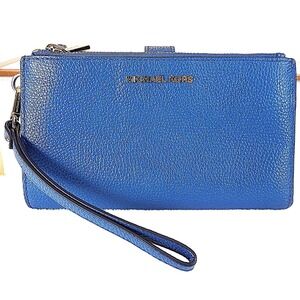 Michael Kors Jet Set Travel Double‎ Zip Blue Leather Wristlet Wallet Clutch